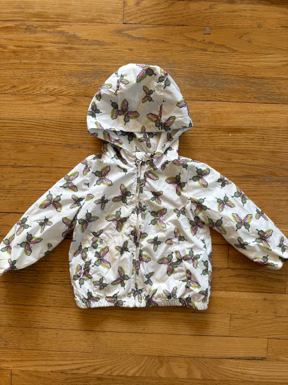 Old Navy White Hooded Raincoat with Pink and Green Butterfly Print